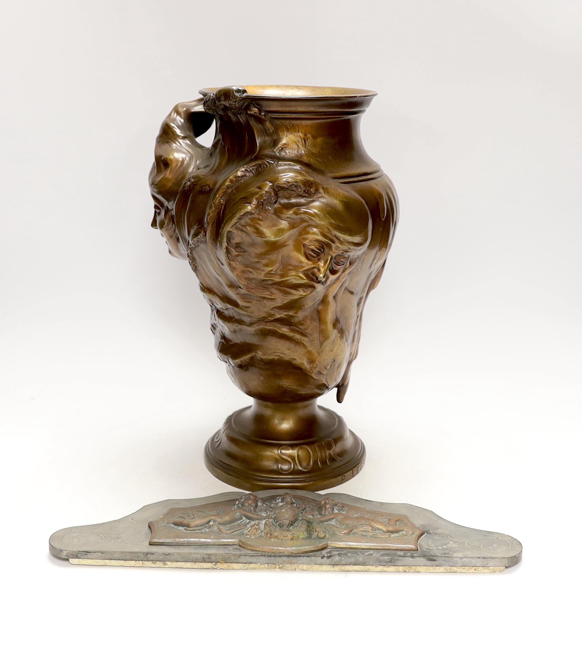 A Jules Prosper Legastelois bronze figural Art Nouveau vase and a slate pediment decorated with two putti, the vase signed, 34cm high